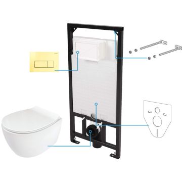 Set Vas WC suspendat cu rezervor incastrat, capac soft close si clapeta de actionare aurie Deante Silia Rimless 37x52 cm evacuare orizontala