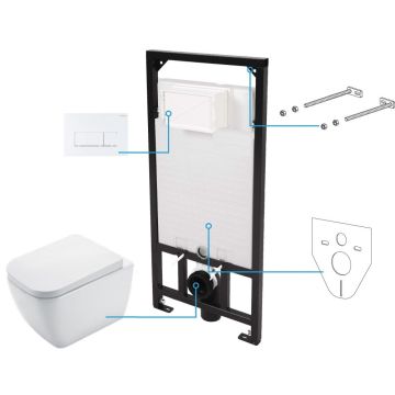 Set Vas WC suspendat cu rezervor incastrat, capac soft close si clapeta de actionare alba Deante Hiacynt Rimless 35x53 cm evacuare orizontala