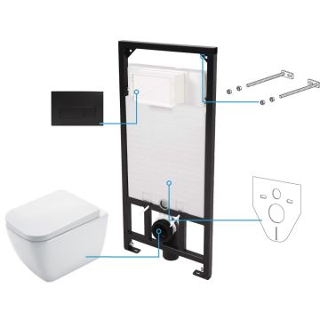 Set Vas WC suspendat cu rezervor incastrat, capac soft close si clapeta de actionare neagra Deante Hiacynt Rimless 35x53 cm evacuare orizontala
