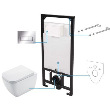 Set Vas WC suspendat cu rezervor incastrat, capac soft close si clapeta de actionare crom Deante Hiacynt Rimless 35x53 cm evacuare orizontala