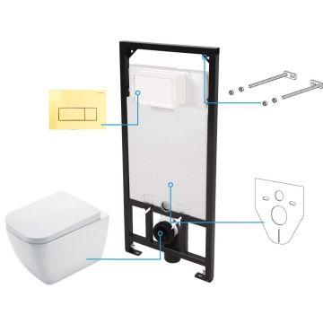 Set Vas WC suspendat cu rezervor incastrat, capac soft close si clapeta de actionare aurie Deante Hiacynt Rimless 35x53 cm evacuare orizontala