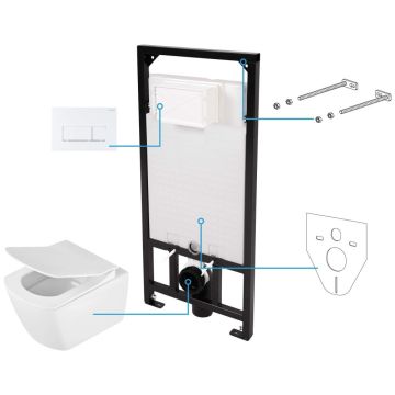 Set Vas WC suspendat cu rezervor incastrat, capac si clapeta de actionare alba Deante Anemon Zero Rimless 37x52 cm evacuare orizontala