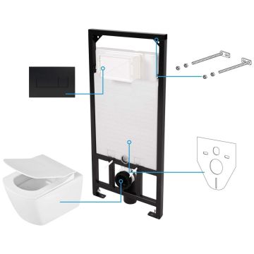 Set Vas WC suspendat cu rezervor incastrat, capac si clapeta de actionare neagra Deante Anemon Zero Rimless 37x52 cm evacuare orizontala