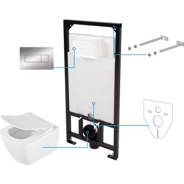 Set Vas WC suspendat cu rezervor incastrat, capac si clapeta de actionare crom Deante Anemon Zero Rimless 37x52 cm evacuare orizontala