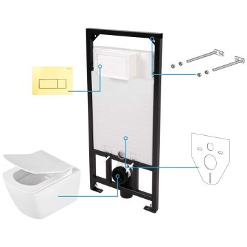 Set Vas WC suspendat cu rezervor incastrat, capac si clapeta de actionare aurie Deante Anemon Zero Rimless 37x52 cm evacuare orizontala