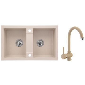 CasaBlanca Duo Set promo chiuveta bucatarie granit cu 2 cuve + baterie SAND4H), bej