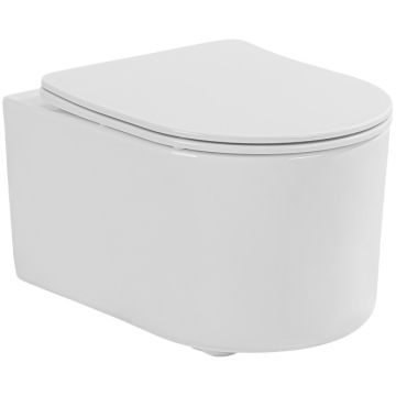 Set Vas WC suspendat cu capac soft close Fluminia Roco Rimless 36x49 cm evacuare orizontala, alb
