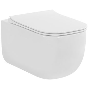 Set Vas WC suspendat cu capac soft close Fluminia Orion Rimless 35x52 cm evacuare orizontala, alb