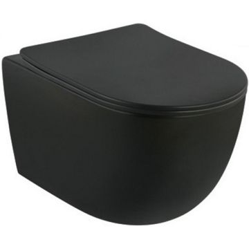 Set Vas WC suspendat cu capac soft close Fluminia Minerva Rimless 36x52 cm evacuare orizontala, negru mat