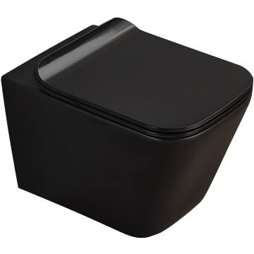 Set Vas WC suspendat cu capac soft close Fluminia Paris Rimless 37x53 cm evacuare orizontala, negru mat