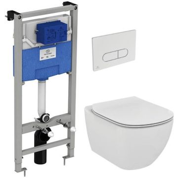 Set promo Vas WC suspendat cu rezervor incastrat, clapeta si capac soft-close Ideal Standard Tesi Aquablade 37x54 cm, evacuare orizontala