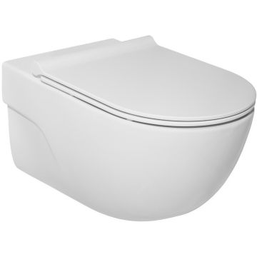 Set promo Vas WC suspendat cu capac soft close Roca Meridian Rimless 36x56 cm evacuare orizontala